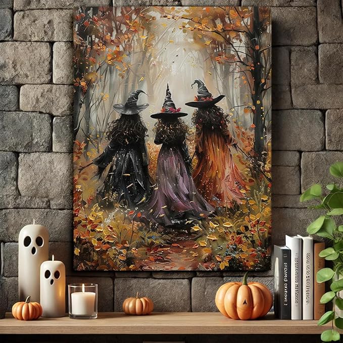Vintage Three Witches In The Forest Painting Witch Print Witchy Canvas Print Halloween Wall Art Halloween Decor Witch Poster Dark Academia Gothic Room Decor for Bedroom 24x36in Large Frame Wall Art