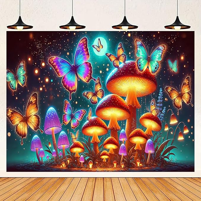 BlissYard Glowing Butterflies Mushroom Forest UV Black Light Tapestry 78x59 Inches Art Color Neon Light Background Bedroom Living Room Wall Party Decoration Fantasy Fungi Insect Magic Garden Scene