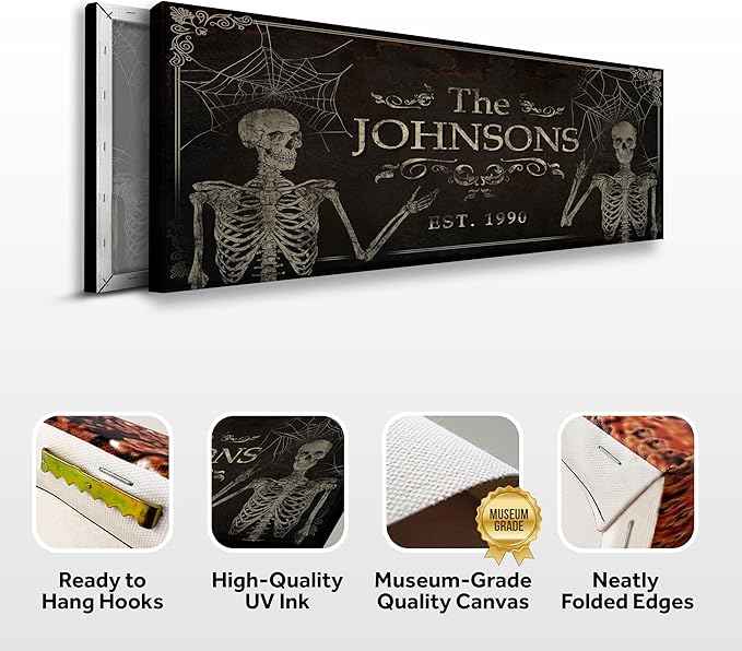 Tailored Canvases Gothic Family Wall Decor - Personalized Grunge Vintage Skeleton Room Decor for Home, Halloween Lovers, Men & Women for Bedroom, Living Room - Goth Spooky, Custom Couple Name, 36"x12"