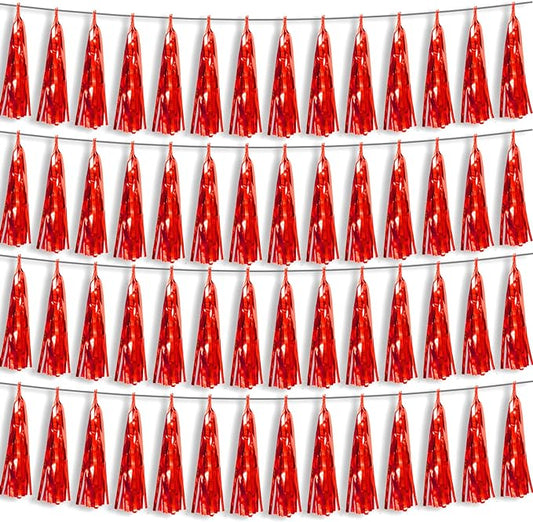 4P Red Foil Fringe Metallic Tassel Streamers Banner Tassel Garland for Parade Floats, Bachelorette, Wedding, Birthday, Halloween, Christmas, Bridal/Baby Shower Party Decorations