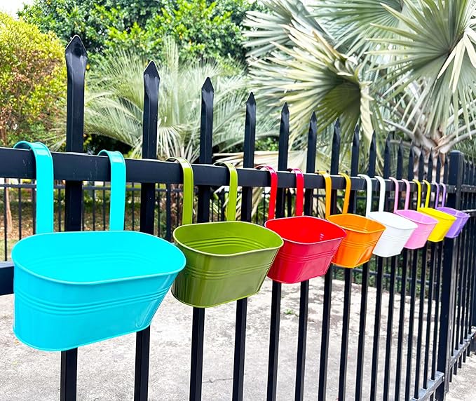 8 Pack Hanging Planters 10", Colorful Metal Bacony Railing Planter for Outdoor Decor, Countryside Fence Pot Flower Bucket for Rails Patio Garden, Plant Pot for Herb (Multi-Color, 8Pcs)