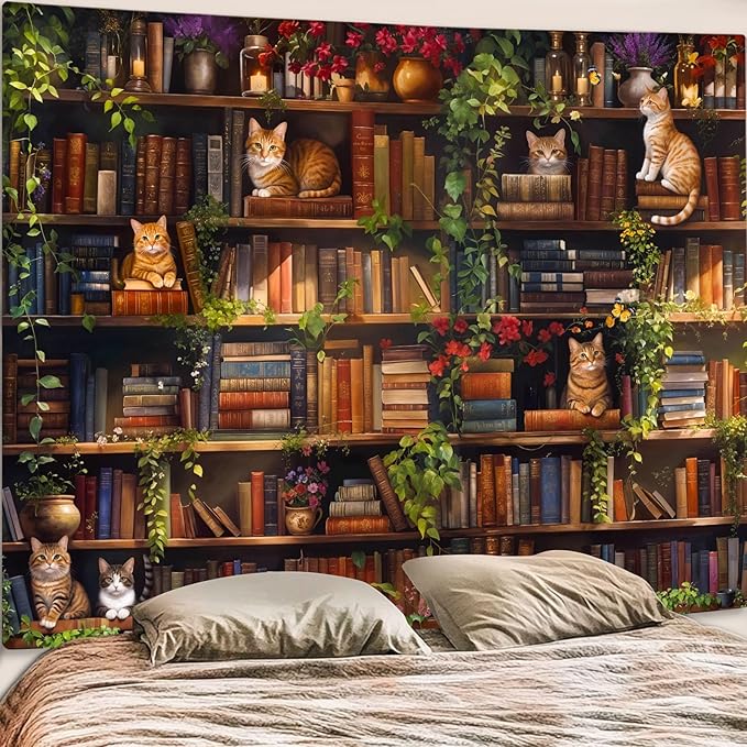 Accnicc Plant Cat Bookshelf Tapestry Botanical Floral Flower Cats Book Tapestries Wall Hanging Vintage Library Extra Large Tapestry for Bedroom Living Room Dorm 90 x 68 inch