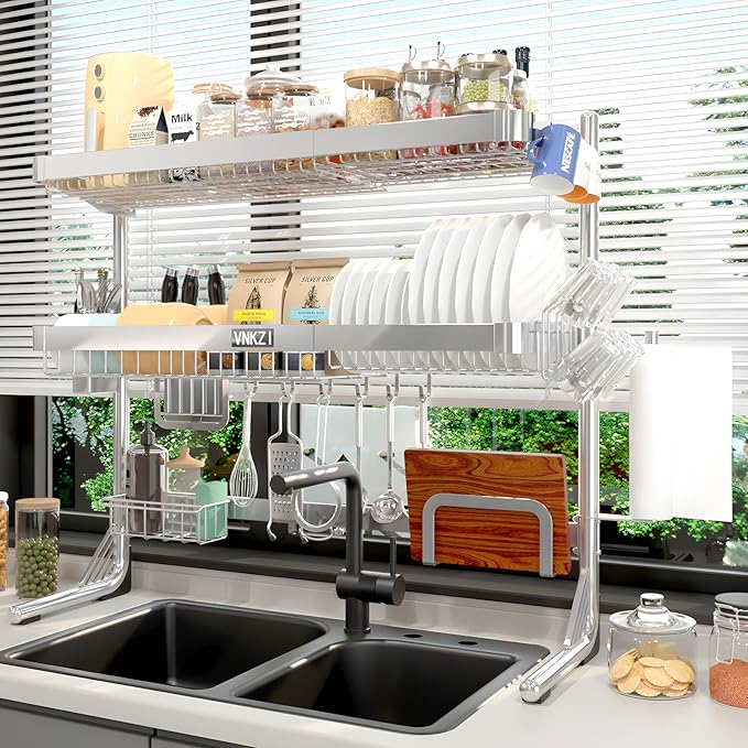 VNKZI Over Sink Dish Drying Rack, 3 Tier Full Stainless Steel Storage Adjustable Length (25.98'' to 36.61'') Kitchen Rack, Multifunctional Expandable Counter Organizer, Space Saver Dish Rack