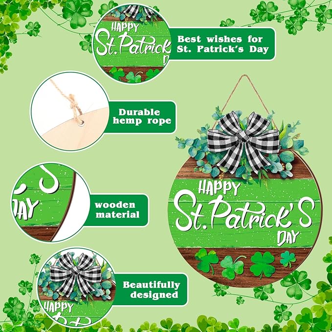 Boao St. Patrick's Day Shamrock Door Wreath Wooden Hanging Decor Farmhouse Rustic Door Decoration St. Patrick's Day Wreath Sign with Bow Ornament for Irish Home Indoor Holiday Outdoor Farmhouse Window