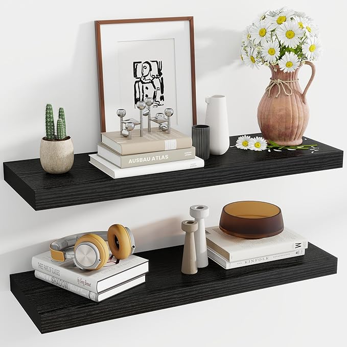 36 Inch Floating Shelves, 11.6 Inch Deep Floating Shelves for Wall, Floating Shelf with Invisible Brackets, Deep Shelves for Bathroom, Bedroom, Living Room, 2 Pack, Black