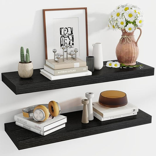 36 Inch Floating Shelves, 11.6 Inch Deep Floating Shelves for Wall, Floating Shelf with Invisible Brackets, Deep Shelves for Bathroom, Bedroom, Living Room, 2 Pack, Black