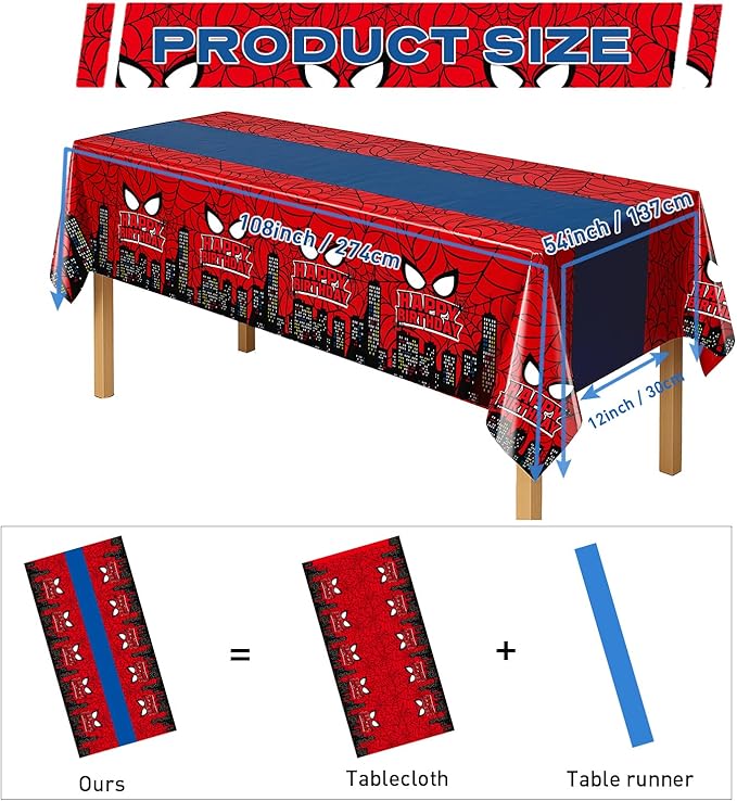 8Pcs 2in1 Spider Birthday Decorations Tablecloths, 54" x 108" Super Hero Spider Table Cloth Disposable Rectangle Plastic Table Cover for Boys Birthday Party Supplies