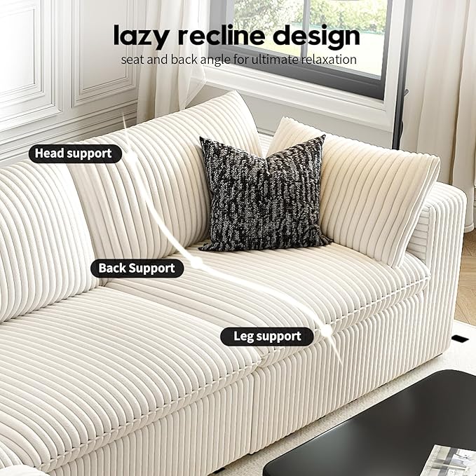 118" Cloud Couch Oversized Modular Sectional Sofa for Living Room,Modern Sofa with Deep Seat，V Shaped Boneless Couch,Comfy Upholstered Corduroy Couches for Apartment, Studio, Office,Bedroom，White