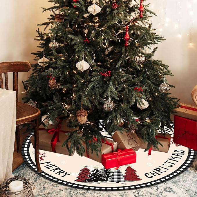 Christmas Tree Skirt 48 Inches Black White Buffalo Plaid Xmas Tree Skirt with Snowflake Merry Christmas Tree Skirts Christmas Tree Decorations for Christmas Holiday Home Decor Indoor Outdoor