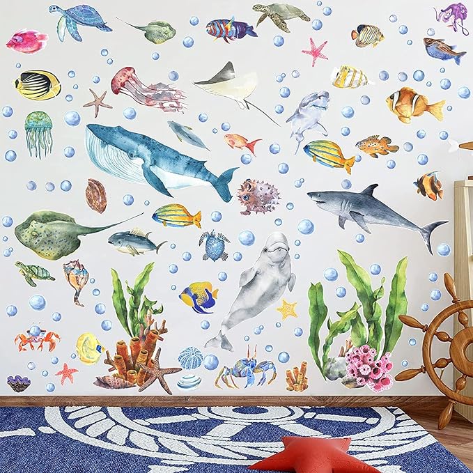 Glow in The Dark Fish Wall Decals, Under The Sea Wall Stickers Decals Decor Luminous Sea Life Animals Waterproof Stick Wall Decal for Kids Boys Bedroom Watercolor Ocean Creatures Decor