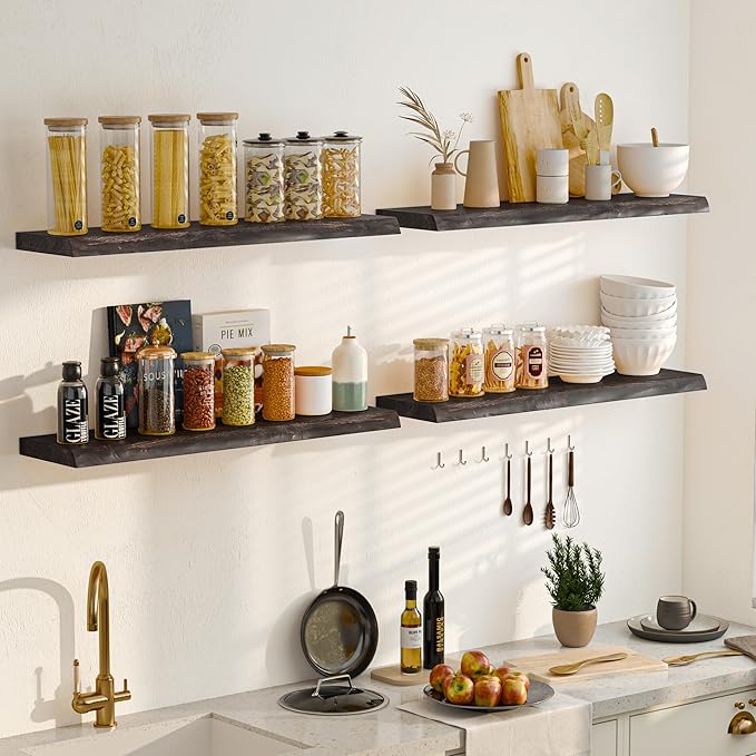 55 Inch Floating Shelves, Live Edge Elm Wood Floating Shelf for Wall, Wall-Mounted Display Shelves with Invisible Heavy-Duty Bracket, Long Floating Shelf for Kitchen, Living Room, Walnut Finish