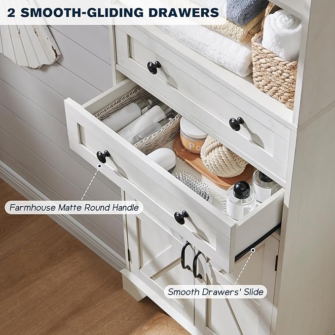 72" Tall Bathroom Storage Cabinet, Farmhouse Storage Cabinet with 2 Drawers, Adjustable Shelves & Barn Door, Cabinet for Bathroom, Living Room, Kitchen, Off White
