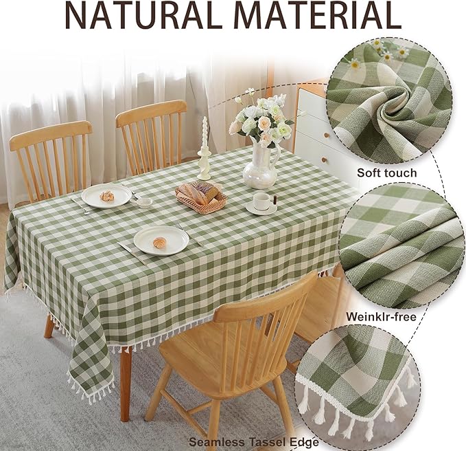 JIALE Gingham Tablecloth Rectangle Cotton Linen Fabric Checkered Table Cloth with Tassel Washable Wrinkle Free Buffalo Plaid Table Cover for Spring Outdoor Party Picnic Kitchen Dining, Green, 55x75