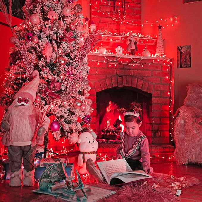 400 LED Red String Lights Outdoor, 132ft Red Christmas Lights 8 Modes Clear Wire, Plug in Waterproof Fairy String Lights for Bedroom Christmas Decorations