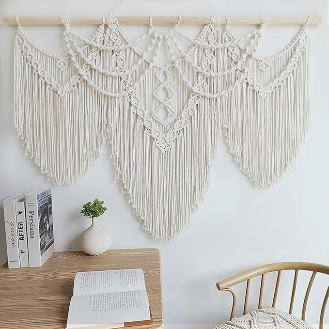 Achart Macrame Wall Hanging Large- Boho Wall Decor- large wall art- Wall Decor Living Room- Macrame Tapestry Boho Decor for Bedroom (Beige-Fringe)