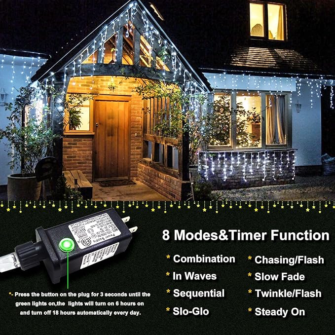 Icicle Christmas Lights Outdoor - 33ft 400 LED Icicle Lights for Outside with 75 Drops Waterproof Plug in Fairy String Lights with Timer for Party, Holiday, Wedding, Christmas Decoration, Cool White