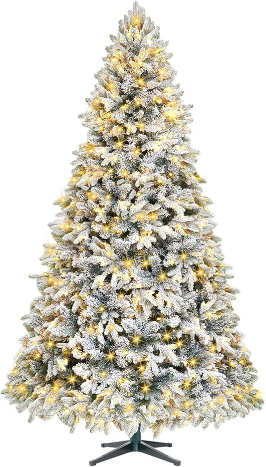 9ft Pre-Lit Snow Flocked Rotating Christmas Tree with 600 Multi-Color LED Lights, 2512 PE & PVC Tips - Realistic Artificial Tree for Holiday Decor