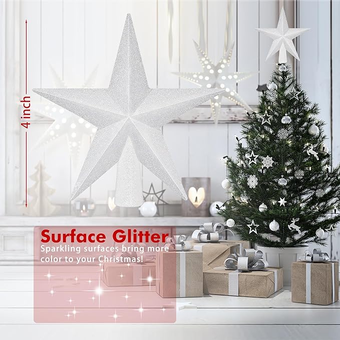 Christmas Tree Topper, 1PCS 4" White Glitter Star Tree Topper, 3D Xmas Shatter-Proof Mini Bethlehem Star Tree Topper Decorations, Waterproof Christmas Decor for Holiday Home Outdoor Ornament