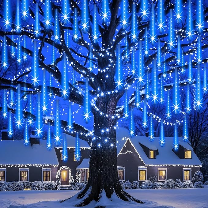 Christmas Lights Outdoor UL Certified 24 Tubes 576 LEDs (Equivalent to 3 Sets of 8 Tubes) Meteor Shower Lights Falling Rain Drop Icicle Light for Christmas Decorations Halloween Party, Blue