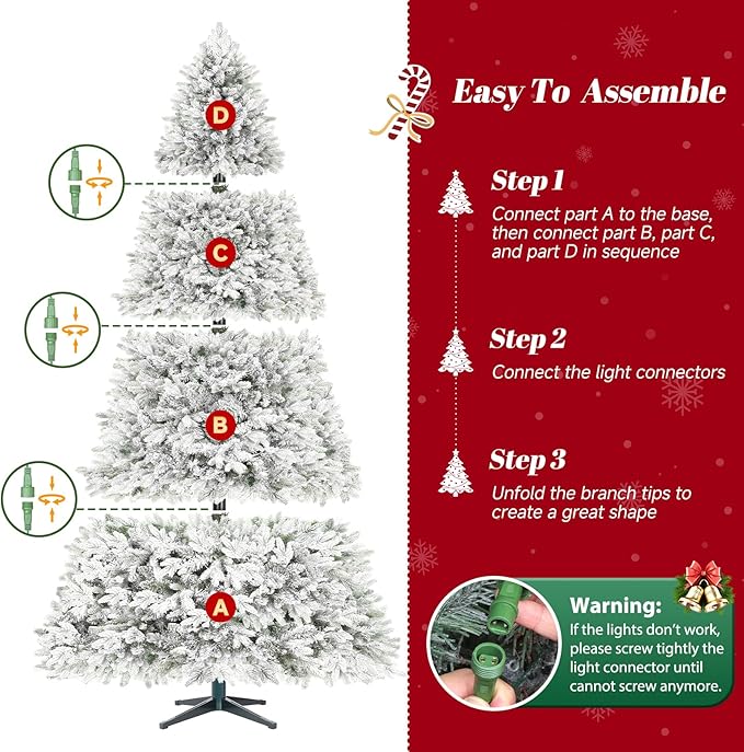 9FT Snow Flocked Pre-Lit Christmas Tree with 360° Rotating Base, 2512 PE/PVC Tips, 600 LED Lights, 8 Modes, Dimmable and Timer Functions, Musical Artificial Xmas Tree for Holiday Decor