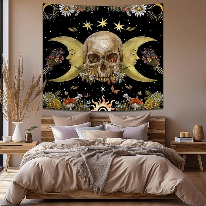 Atrippy Halloween Vintage Gothic Tapestry for Bedroom, Goth Skull Floral Wall Decor Tapestry, Sun and Moon Skeleton Flower Tapestries Aesthetic, Dark Room Decor Wall Hanging for Living Room Dorm 60x79 Inches