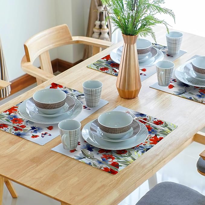 4th of July Floral Placemats Set of 4 12x18 Inch Patriotic Red Blue Watercolor Flowers Washable Non-Slip Heat Resistant Place Mats Memorial Day Independence Day Table Mats