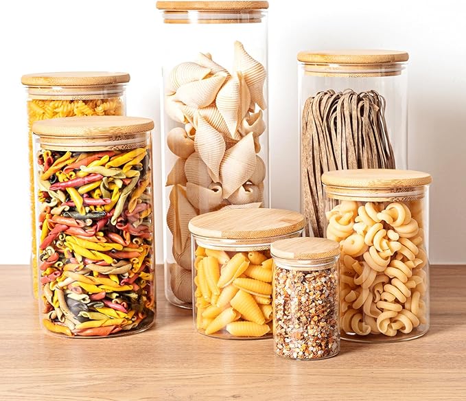53oz Glass Food Storage Jars, Glass Jars with Bamboo Lids, Kitchen Storage Jars, Set of 4, Canisters with Airtight Lids for Spice, Coffee, Cookie, Pantry Organizers