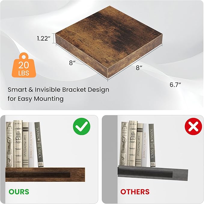 Square Floating Shelves for Wall, 8"W x 8"D x 1.2"H, Small Wooden Wall Mounted Display Shelves with Invisible Brackets for Living Room, Bedroom, Bathroom, Kitchen Decor, Set of 4, Rustic Brown