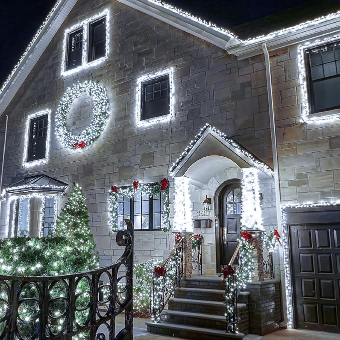 Christmas Lights Outdoor, 66FT 200 LED White Christmas Tree Lights with 8 Modes Waterproof, Plug in Green Wire Connectable String Light for Indoor House Patio Wedding Party Decorations