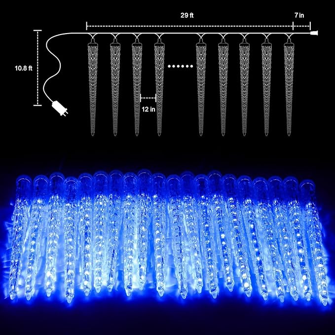 Brightown Christmas Meteor Shower Icicle Lights Outdoor, 30ft with 30 Tube 720 LED Dropping Effect, Waterproof Decorations for House Eave Roofline, Blue