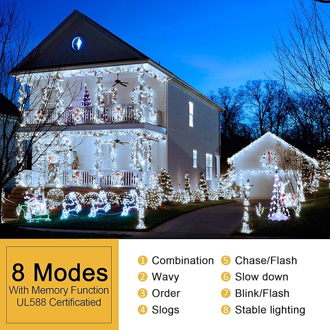 JMEXSUSS 500 LED White Christmas Lights Outdoor Indoor, Green Wire Christmas Tree Lights Plug in, 8 Modes Waterproof White String Lights for Xmas Wedding Party Garden