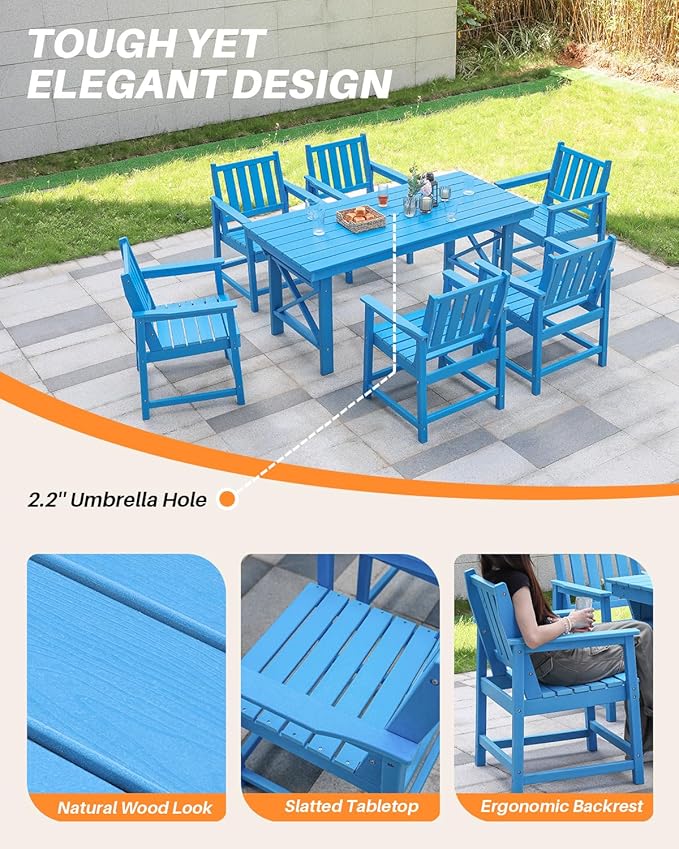 7 Pieces HDPE Outdoor Dining Set, Patio Dining Set with Umbrella Hole, All Weather Outdoor Dining Table Sets for 6, HDPE Patio Furniture Sets for Deck, Backyard, Lawn, and Poolside, Sky Blue