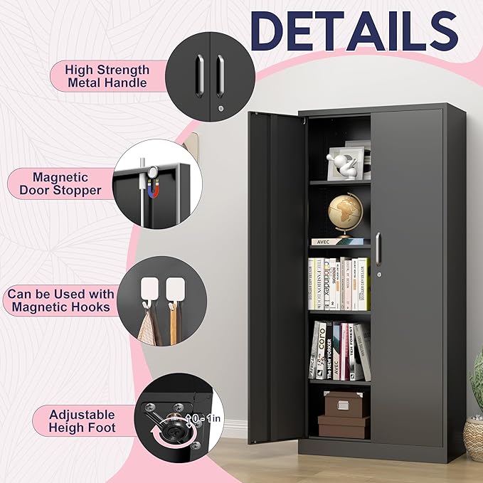 71" Garage Storage Cabinets with Lock, Cabinets with Doors and Shelves, Kitchen Pantry Cabinet, Metal Cabinet for Office, Garage, Shop, School, Assemble Required, Black