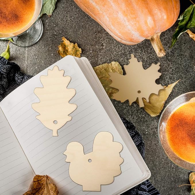 60 Pieces Fall Thanksgiving Unfinished Wooden Ornaments Maple Leaves Pumpkin Wood Cutout Squirrel Acorn Blank Wooden Ornament for Thanksgiving Party DIY Decor Supplies, 6 Styles