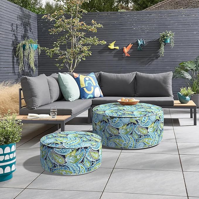 Inflatable Ottoman Stool D31 xH14 for Outdoor/Indoor Use, Water Repellent Patio Foot Rest with Portable Handle,Round Pouf Ottoman Suitable for Garden,Deck and Camping - Paisley Lapis Green