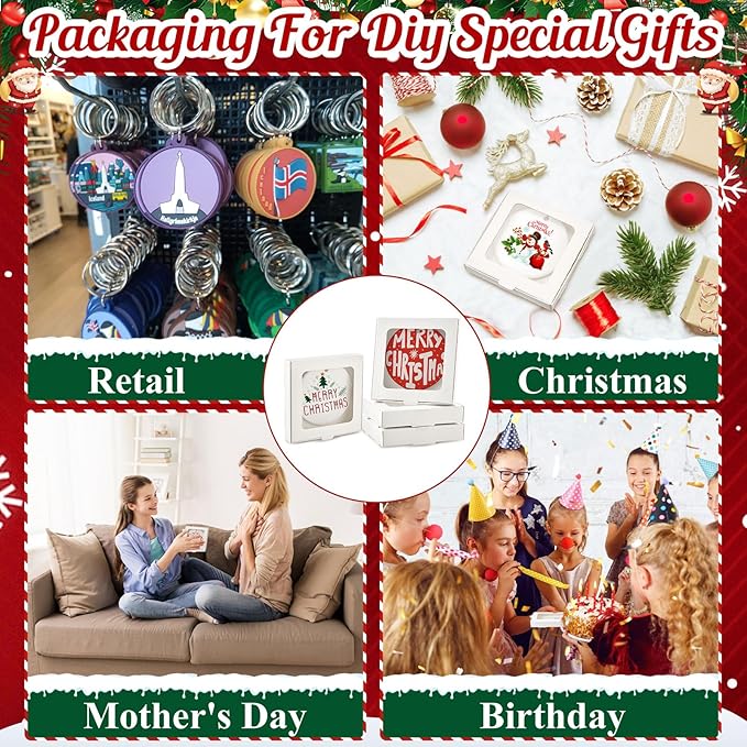 25 Pcs Sublimation Ornament Blanks Box 3.6"x3.6"x0.7" Christmas Ornaments Holder Ceramic Discs Packaging Box with Window for Personalized Xmas Tree Blanks Bulk (White)