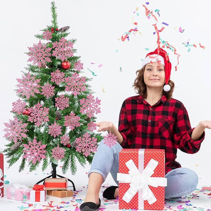 36pcs Christmas Light Pink Snowflake Ornaments Plastic Glitter Snow Flakes Ornaments for Winter Christmas Tree Decorations Size Varies Craft Snowflakes