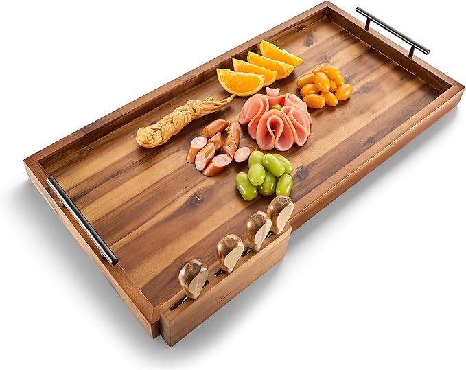 24" Large Charcuterie Tray with Handles, Extra Long Wooden Serving Cheese Boards - Serving Platter for Meat, Party Appetizers, Outdoor & Fruits Display (Acacia Wood)