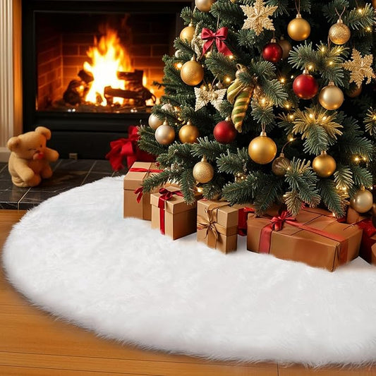 AerWo 72 Inch Christmas Tree Skirt, White Faux Fur Tree Skirt Thick Soft Plush Rug for Christmas Tree Decorations, Large Xmas Tree Mat for Christmas Indoor Holiday Party Ornaments Home Decorations
