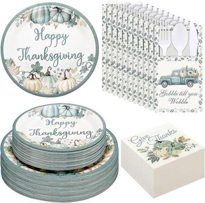 264 Pcs Thanksgiving Plates Napkins Disposable Cutlery Holder Set Thanksgiving Centerpieces for Table Decoration Dinner Autumn Leaves Fall Harvest Wedding Decoration
