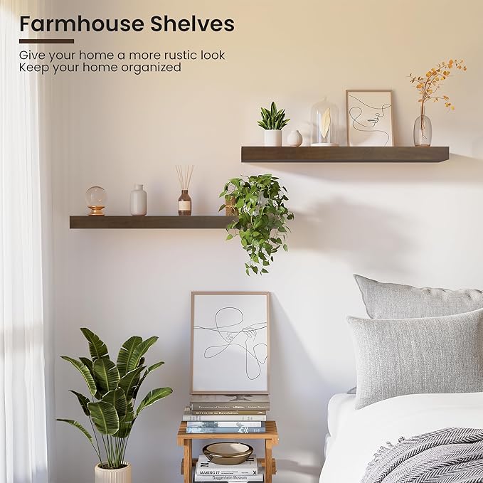 Wood Floating Shelves for Wall 24” x 8”x 1.4” Shelf Floating Rustic Farmhouse Decor, Heavy Duty Shelf Hold 60 lbs, Wall Shelves for Bathroom Living Room Kitchen Bedroom Office, 2 Packs Walnut