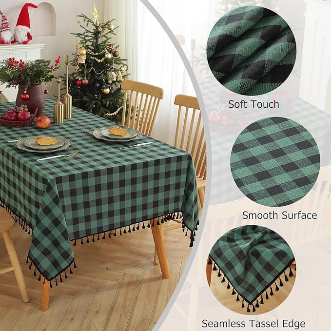 JIALE Gingham Tablecloth Rectangle Cotton Linen Fabric Checkered Table Cloth with Tassel Washable Wrinkle Free Buffalo Plaid Table Cover for Christmas, Party Kitchen Dining, Green and Black, 55x90