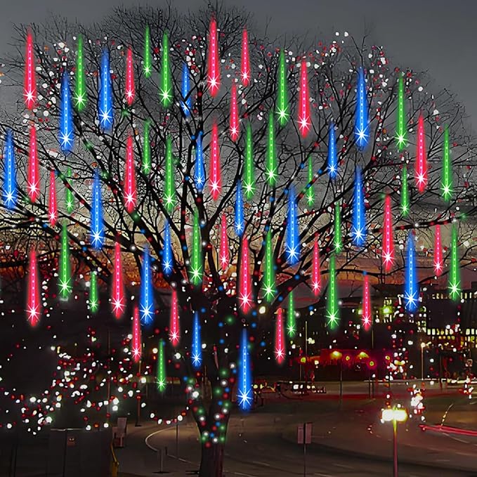 Christmas Lights Outdoor Tree Cascading Icicle Lights 12 inch 8 Tubes Shooting Star Waterfall Meteor Shower Falling Rain Light for Holiday Decorations Wedding Party New Year (Multi Color)