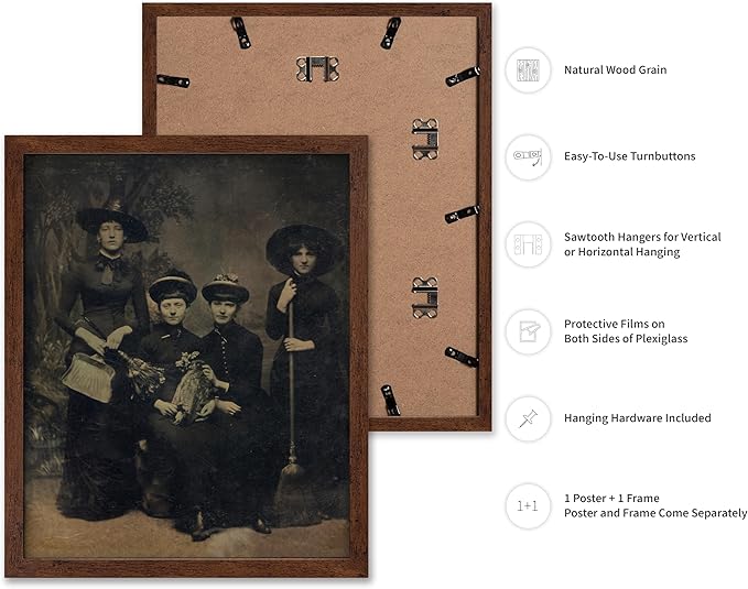 Poster Master Vintage Photograph Poster - Retro Halloween Print - Gift for Artist, Friend - Four Witches Wearing Robes, Sabbath, Coven, Sorcery - Wall Decor for Home, Office, 11x14 Brown Framed