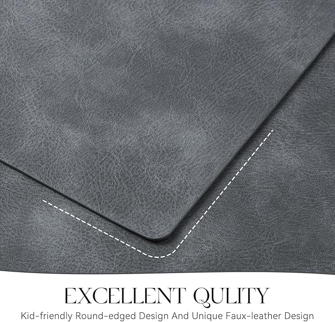 MOSAYT Vinyl Placemats Set of 8-12 X 17 Inch - Faux Leather 100% Waterproof Oil-Proof Wipeable PU Place Mats, Heat Resistant Reversible Table Mats for Kitchen, Dining, Outdoor (Grey)