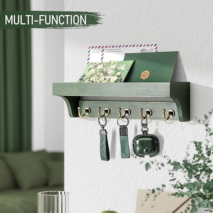 Rebee Vision Farmhouse Pine Wood Key Holder Wall Mount with Shelf for Home Improvement - Rustic Wall Mail Holder for Farmhouse Room Decor - Perfect Mail Organizer for Home (Green)