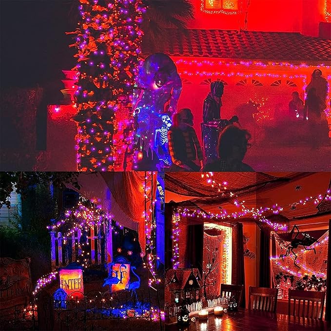 WATERGLIDE 2 Pack 50 LED Outdoor Halloween Lights, 16 FT Mini String Light with 8 Modes, Waterproof Battery Operated Tree Lights for Indoor Outdoor Patio Garden Party Decoration, Orange & Purple