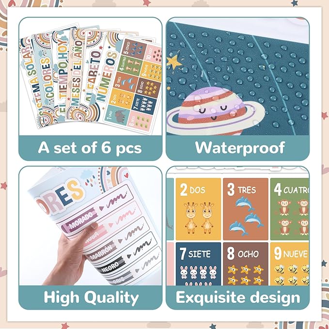 Spanish Educational Preschool Placemats Set of 6 Boho Plastic Table Mats Toddler Children Montessori Place Mats for Kids Washable Vinyl Holiday Table Decoration for Indoor Outdoor Party Kitchen Dining