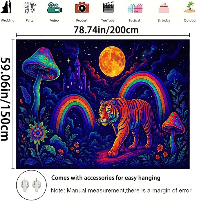Starlit Patio Psychedelic Tiger Blacklight Tapestry UV Reactive Wall Hanging Rainbow Mushrooms Castle and Moon for Bedroom Dorm Living Room Glowing Jungle Decor Fluorescent Trippy Poster 78 x 59 Inch