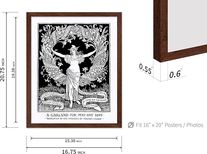 Poster Master Vintage Walter Crane Poster - Retro A Garland for May Day Print - Socialist Art - Gift for Him, Her, Men, Women - Wall Decor for Home, Office, Living Room, 16x20 Brown Framed